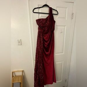One shoulder sequin and velvet gown